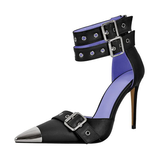 Black pointed toe buckle ankle strap heels with metal toe cap