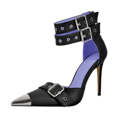 Black pointed toe buckle ankle strap heels with metal toe cap