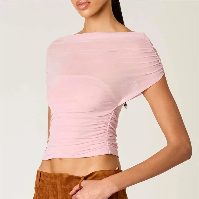 Sheer ruched mesh off-shoulder crop top in pink