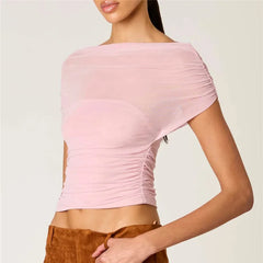 Sheer ruched mesh off-shoulder crop top in pink