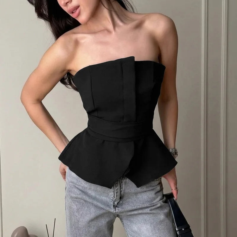 Black strapless peplum top with belted detail
