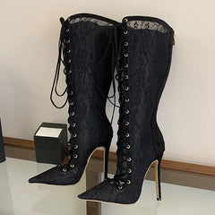 Black Lace Up Stiletto Knee High Boots