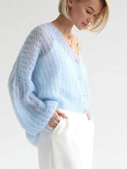 Blue Hollow Out Long Lantern Sleeve Sweater 