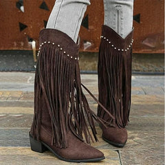 Metal Rivet Tassel Knee High Boots
