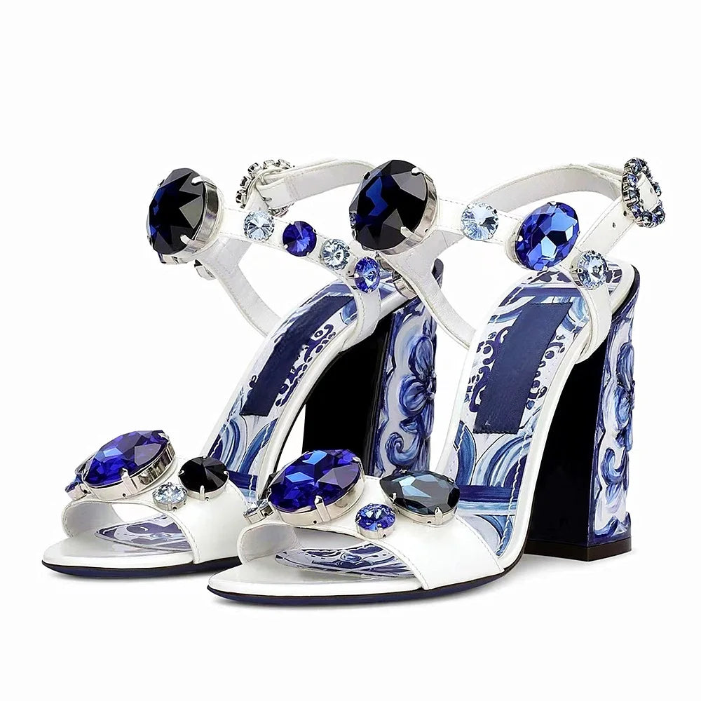 Jeweled Chunky Heel Sandals in Blue Print