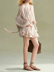 Pleated Draped Sleeve Ruffle Hem Mini Dress