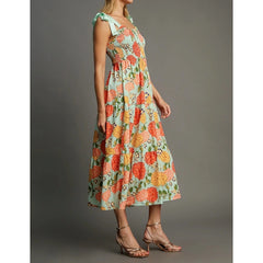 Floral Print Smocked Square Neck Maxi Dress