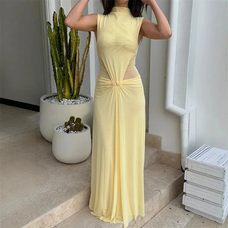 Mock neck draped maxi dress detail with cutouts