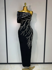 Black one shoulder diagonal collar beaded long dress