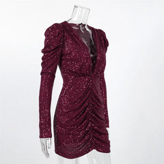 Puff Sleeve Deep Neck Sequin Mini Dress