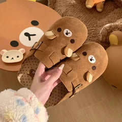 Brown cartoon bear flannel slip-on slippers
