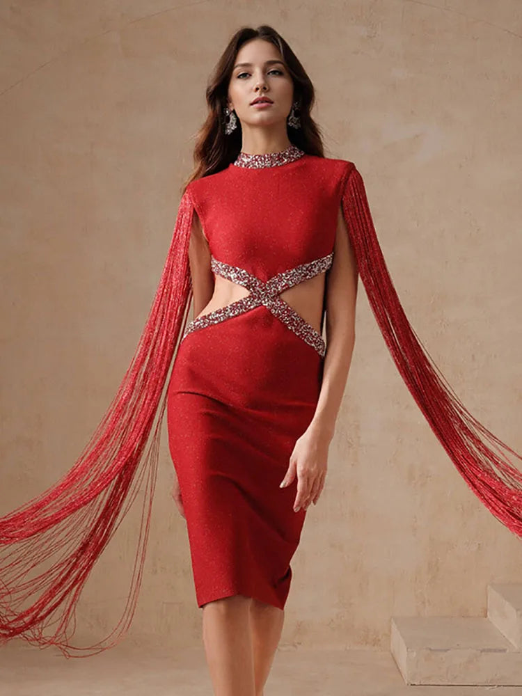 Fringe Sleeve Tassel Sequined Midi Dress