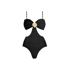 One-Piece Cut Out Swimsuit and Skirt Set with Gold Flower Accents