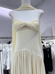 Yellow Mesh Ruched Twist Front Midi Dress