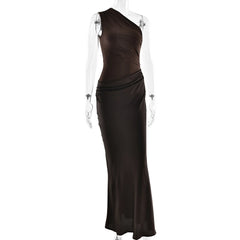 Satin One Shoulder Ruched Maxi Dress