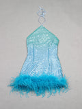 Blue Sequin Halter Fur Trim Mini Dress