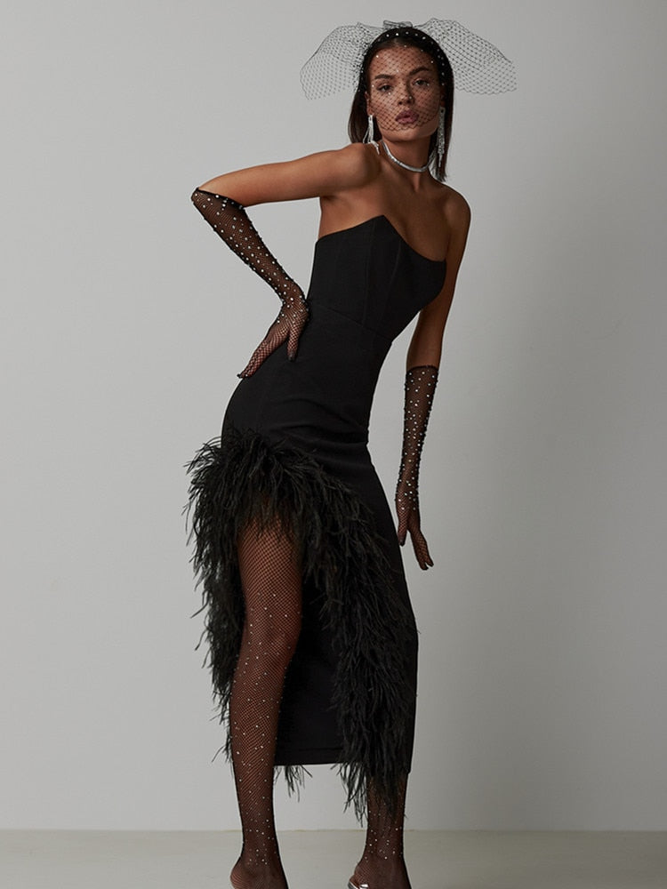 Strapless Feather Split Knitted Midi Dress