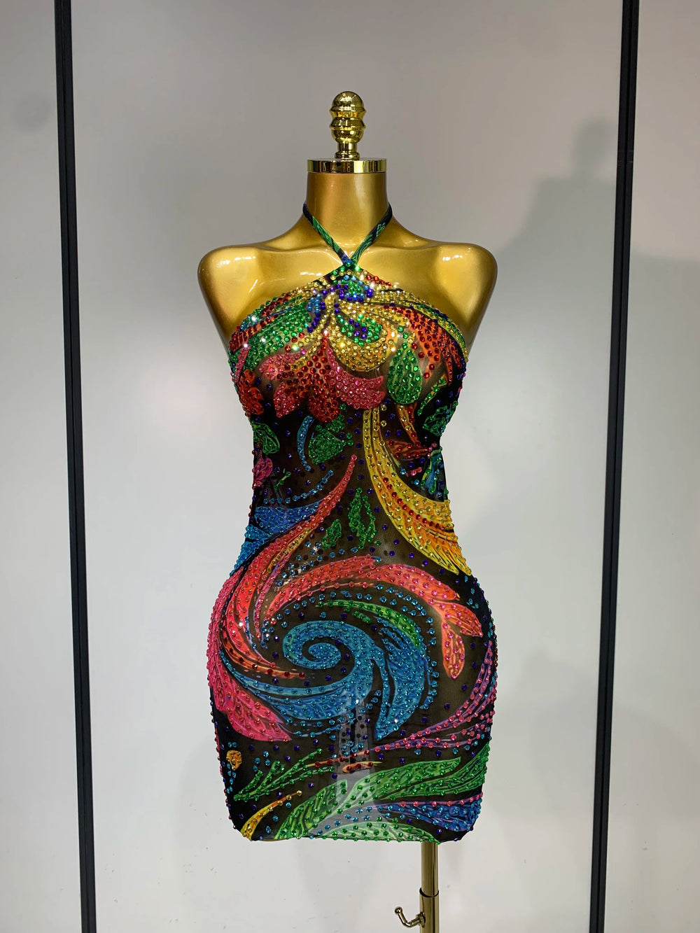 Sparkling print halter mini dress front view