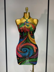 Sparkling print halter mini dress front view