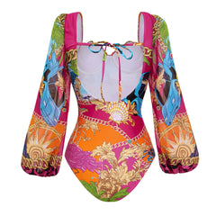 Printed Long Sleeve One Piece Swimsuit and Skirt Bathing Suit Set