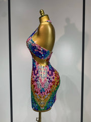 Colourful Diamond Backless Side Cut Out Mini Dress