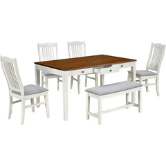 Farmhouse dining table set with 4 upholstered dining chairs and 1 bench, U.S. Origin.