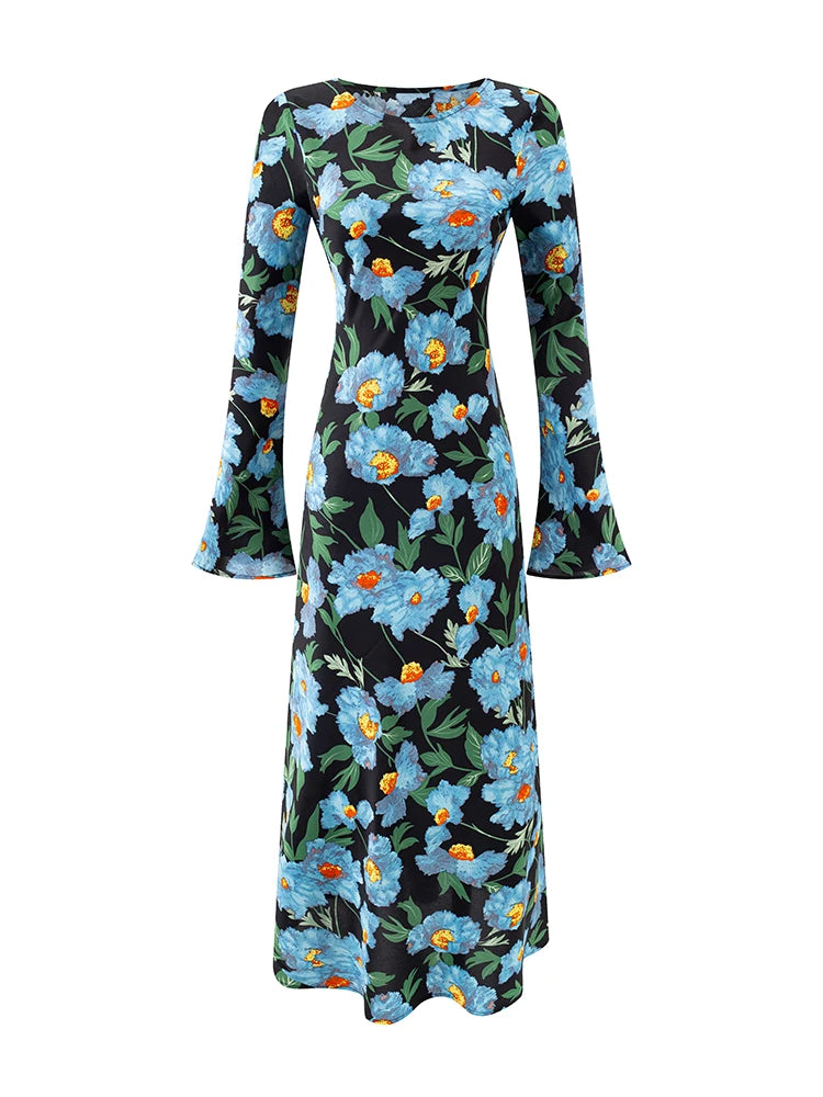 A-line midi dress with bell sleeves and floral print