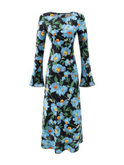 A-line midi dress with bell sleeves and floral print