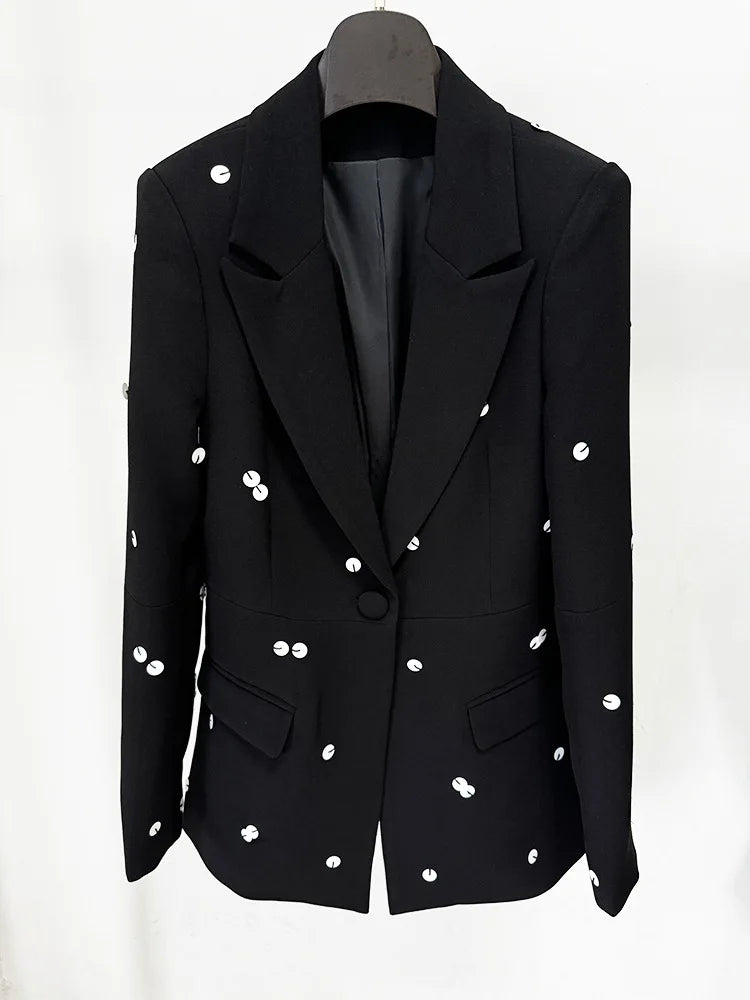 Black blazer with white button details 