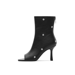 Peep Toe Pleated Snap Button Stiletto Heel Boots