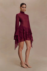 Burgendy Sheer Ruffle Hem Turtleneck Mini Dress