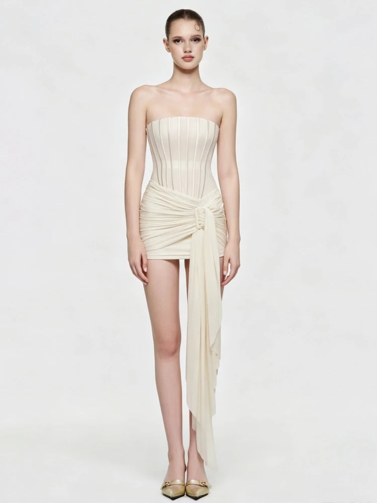 Strapless corset draped mini dress angled view