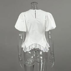 White Puff Sleeve Lace Trim Peplum Top