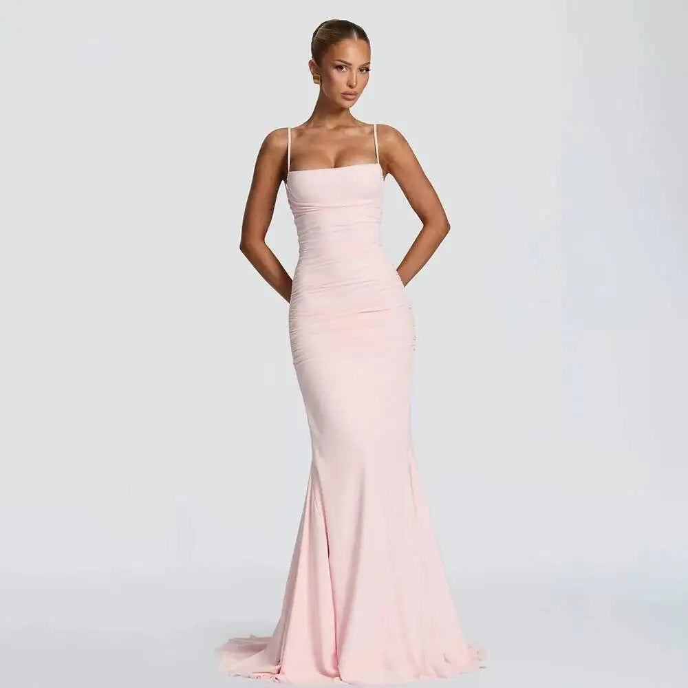 Strappy ruched column maxi dress front detail