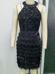 Backless Black Sequin Glitter Bodycon Evening Mini Dress