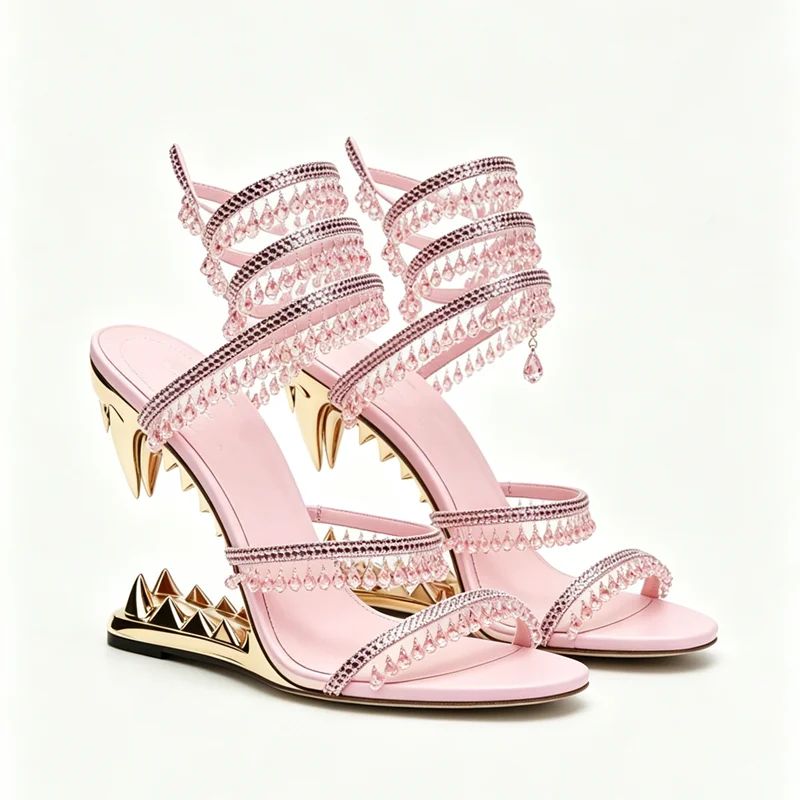 Pink crystal cutout wedge heel sandals with wraparound ankle strap