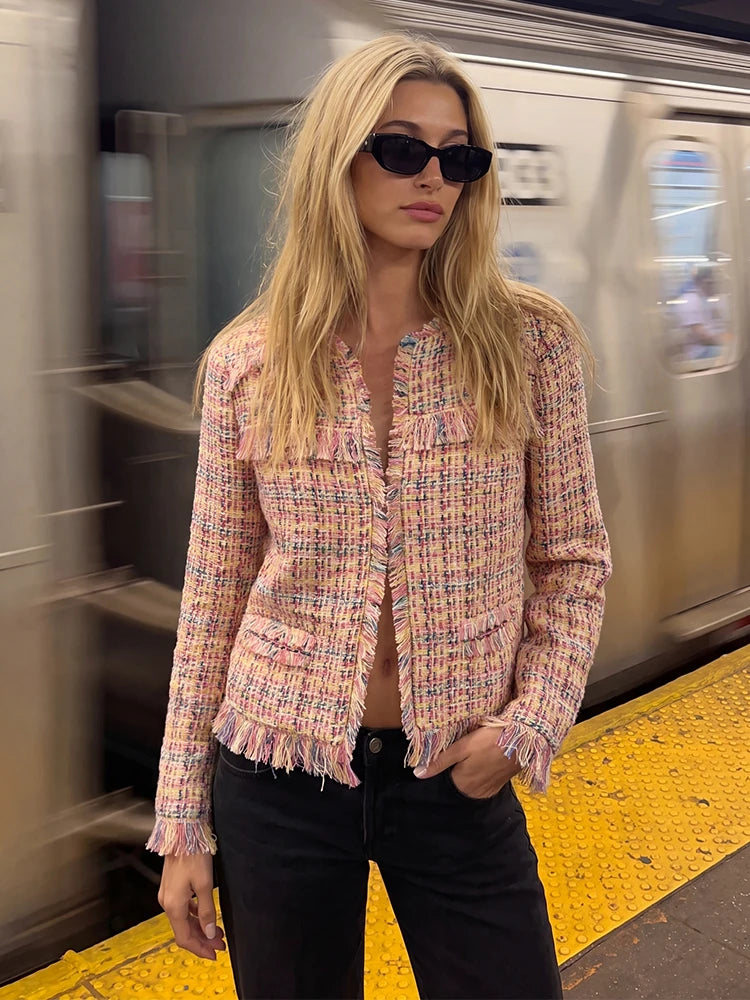 Tweed fringe cropped jacket front view