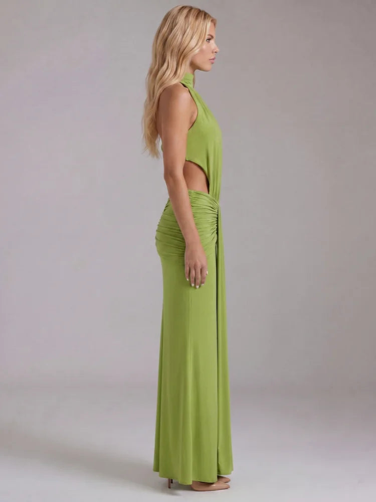 Green Ruched High Neck Draped Side Cutout Maxi Dress – Golden Atelier
