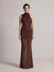 Turtleneck gown with sequin embellishments and sheer fabric