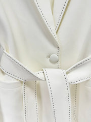 Contrast Stitching Belted Blazer and Wide-Leg Pants Suit