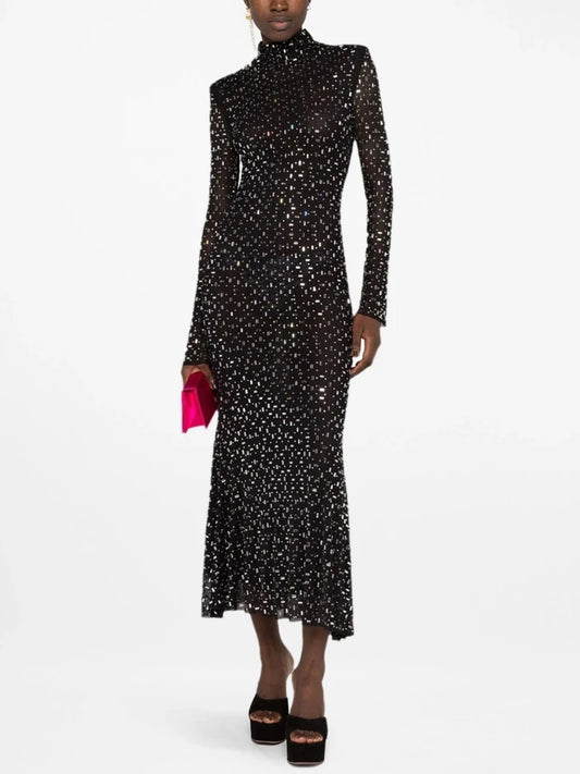 Crystal embellished turtleneck midi dress on a model, front view.