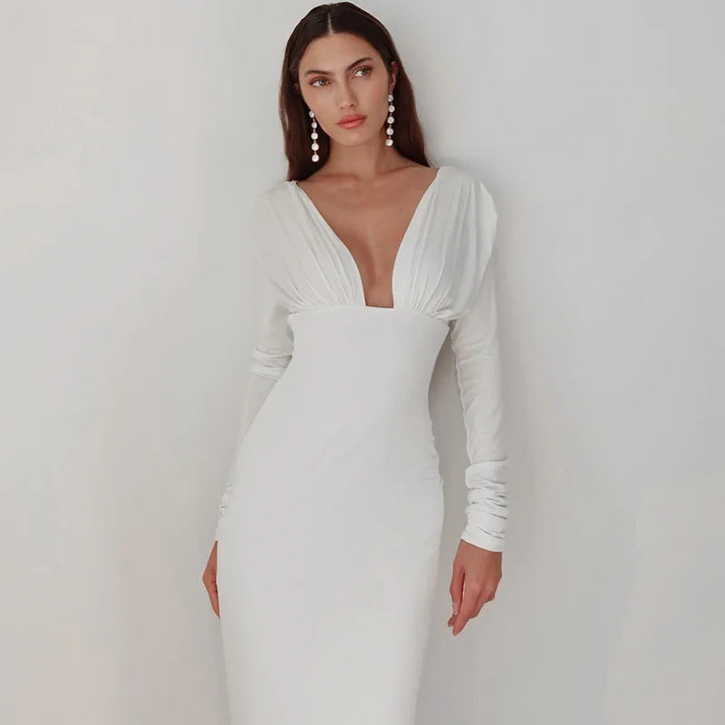 Deep V-neck Solid White Open Back Full Sleeve Long Dress