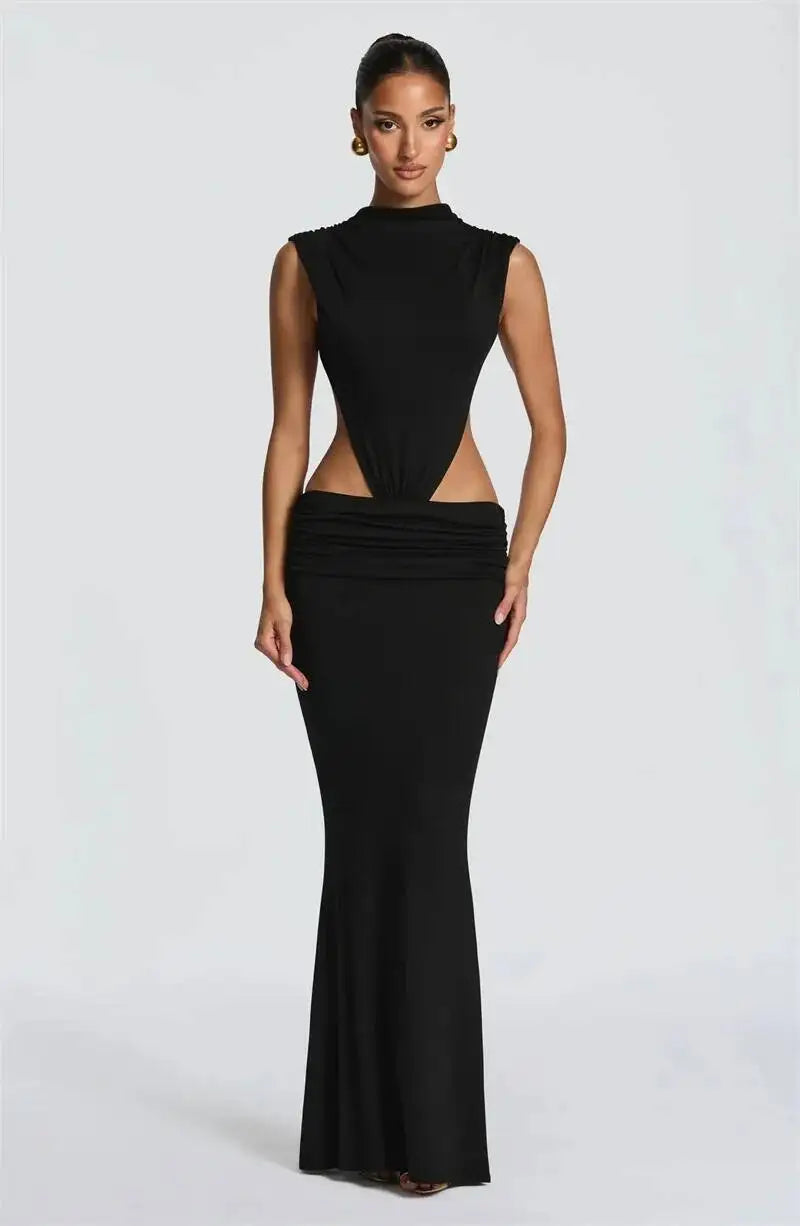 Cutout high neck sleeveless maxi dress