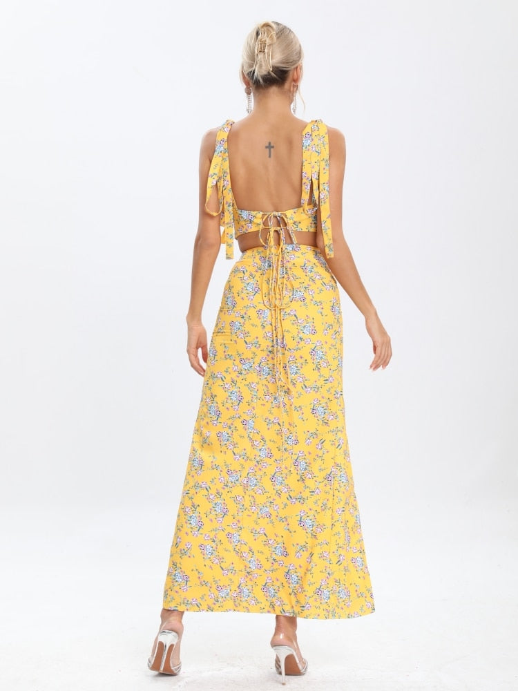 Printed Lace-up Backless Crop Top & Split Long Skirt Set