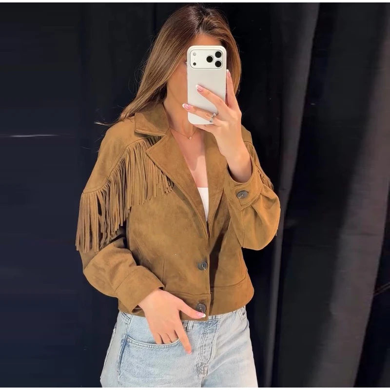 Faux suede fringe crop Jacket with lapel collar
