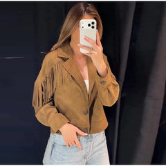 Faux suede fringe crop Jacket with lapel collar