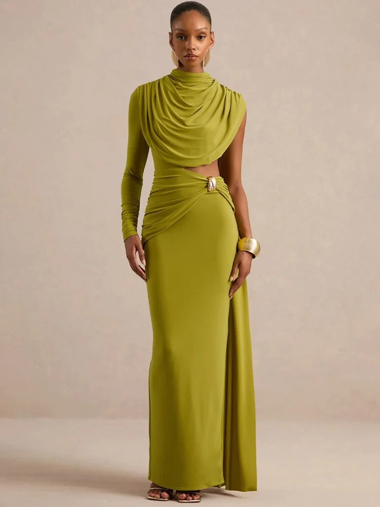 Green draped cutout waist maxi dress