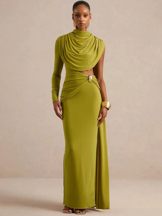 Green draped cutout waist maxi dress