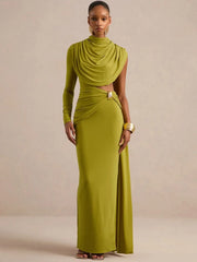 Green draped cutout waist maxi dress