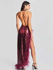 Halter Feather Sequin Backless Women's Wine Red Dress